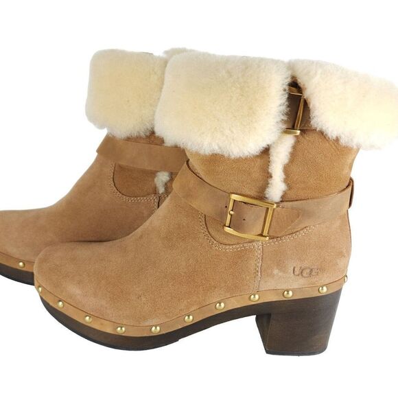UGG Women's Brea US 9 Suede Chestnut Studded Fur Shearling Clog Boots - Picture 2 of 13